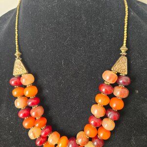 ANTIQUE CARNELIAN AGATE BAKELITE AMBER DOUBLE STRAND NECKLACE